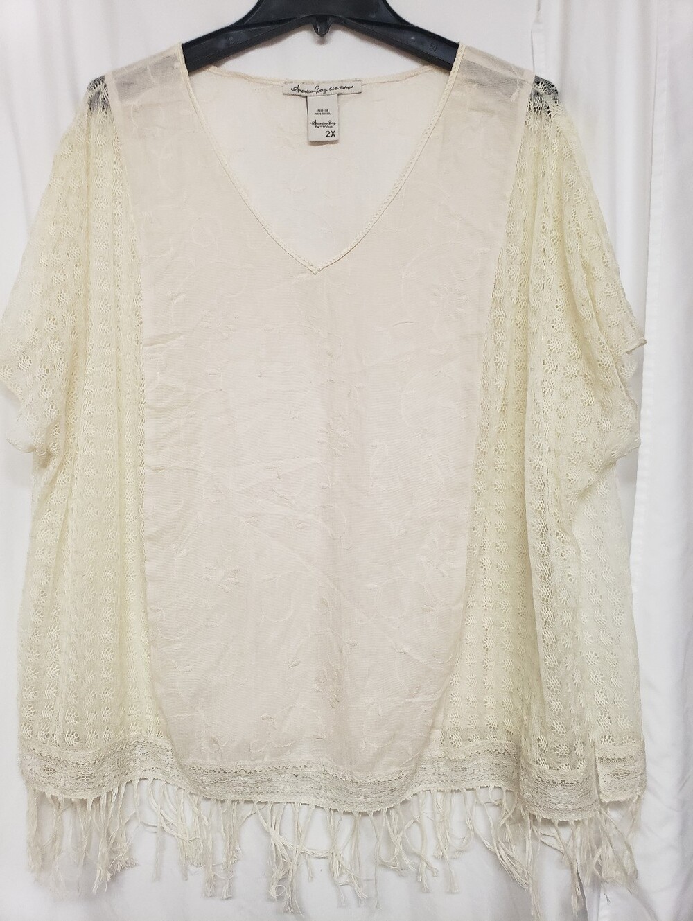 American Rag Cie Plus Size 2x Boho Ivory Sheer Lace And Fringe Top